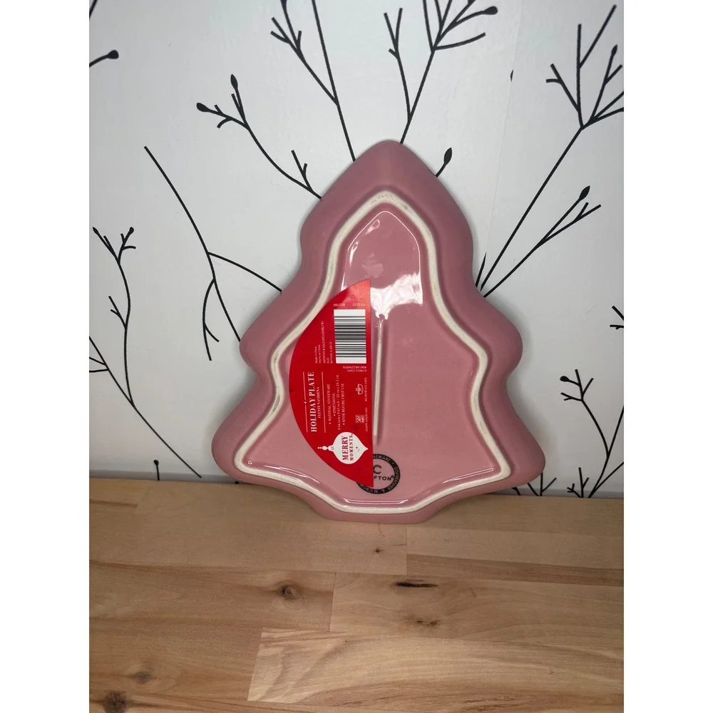 Merry Moments Pink Ceramic Christmas Tree Holiday Plate Stoneware Festive Decor